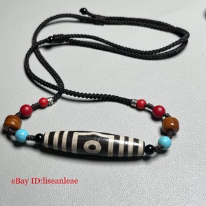 13×58mm Tibet Celestial Pearl Old Dzi Bead Amulet Necklace - Three Eyed Tianzhu - Picture 1 of 6