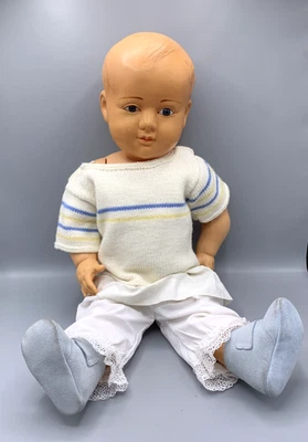 Baigneur Petitcollin Tête d’Aigle 60 cm – celluloïid ancien, yeux bleus, tricot - Photo 1/4