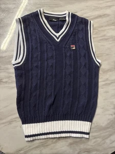 Vintage Fila Baseline Zopfmuster Weste, marine/weiß, Größe S, V-Ausschnitt  - Bild 1 von 14