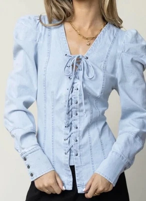 NUEVO CON ETIQUETAS Blusa Böhme Micah Top Denim Corsé Frontal Con Cordones XS Manga a Presión Camisa Foto 1 de 4