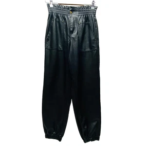 Forever 21 Faux Leather Pants Women's Medium Black Elastic High Waist + Hem EUC - Picture 1 of 12