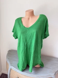 Tahari Size 1X 100% Linen Tunic Top Emerald Green Short Sleeve V Neck Slub Knit - Picture 1 of 6