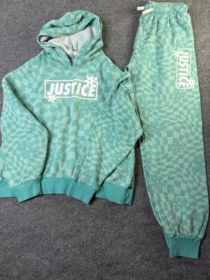 Conjunto de sudadera con capucha y joggers Justice Girls XL 16/18 verde azulado a cuadros florales conjunto a juego Foto 1 de 4