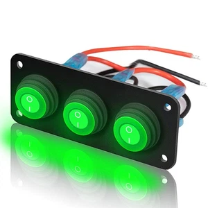 3 Gang Toggle Rocker Switch Panel Green LED Breaker Waterproof Widely Fits fo... - Picture 1 of 7