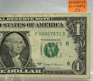 $1 Fancy Serial Number, Low Serial Number Note F 00007631 D! 🔥🔥 - Picture 1 of 3