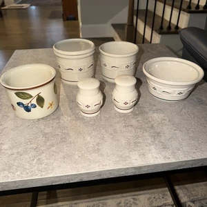 Longaberger Gewebte Keramik Lot Utensil Topf S&P Schüssel - Bild 1 von 6