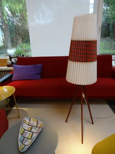 Stehlampe Lampe Original 70er Plisseefaltenschirm mit Stoffbordüre, Teakholz - Bild 1 von 5