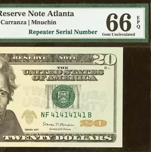 2017 $20 Federal Reserve Note PMG 66EPQ wanted super repeater serial 41414141 - Picture 1 of 3