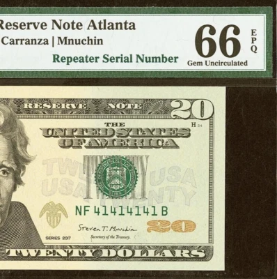 2017 $20 Federal Reserve Note PMG 66EPQ wanted super repeater serial 41414141 - Image 1 of 3