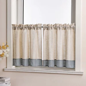 2 Stück Scheibengardinen Leinenoptik Karo Rand Kurzstores Bistrogardine Modern - Bild 1 von 26