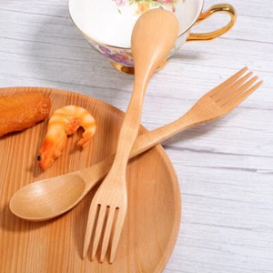 2 Pezzi Cucchiai da Zuppa in Legno Cucchiaio Forchetta Forchetta Forchette Forchette in Legno per Mangiare - Foto 1 di 9