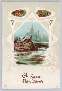 Happy New Year Winter Scene Mill Bridge Pines Holly 1914 Sander - Picture 1 of 2