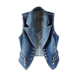 Women Denim Waistcoat Gilet Vest Jeans Fade Fitted Lapel Sleeveless Jacket Tops - Picture 1 of 12