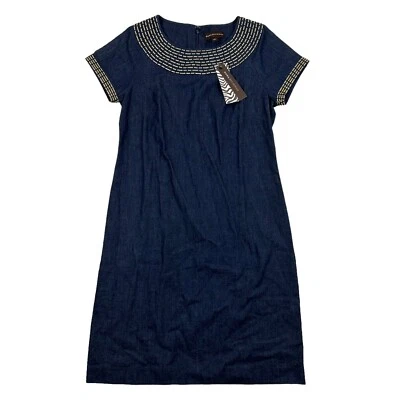 NWT Dana Buchman Blue Chambray Dress Gold Embroidery Print S/S 100% Cotton 4 $80 - Image 1 of 4
