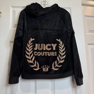 Juicy Couture Langarm Jacke schwarz Samt Velour Kapuze Gold Logo Gr. L - Bild 1 von 18