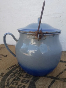Vintage French Two Tone Blue Enamel Pot/Pan With Lid and Two Handles - Picture 1 of 9