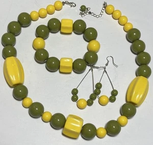 Upcycled Necklace Vintage Avocado Green Chunky Bracelet Yellow Earrings Set OO - Picture 1 of 5