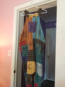 Rising International Handpainted Patchwork Overalls L Fall Hippie Kantha Boho - Picture 1 of 12