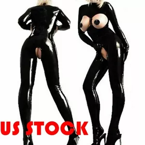 Women's Jumpsuit Wet Look Patent Leather Full Body Leotard Bodysuit Clubwear - Picture 1 of 24