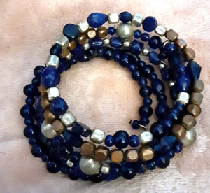 Vintage cobalt blue taupe silver tone wrap glass beaded bracelet