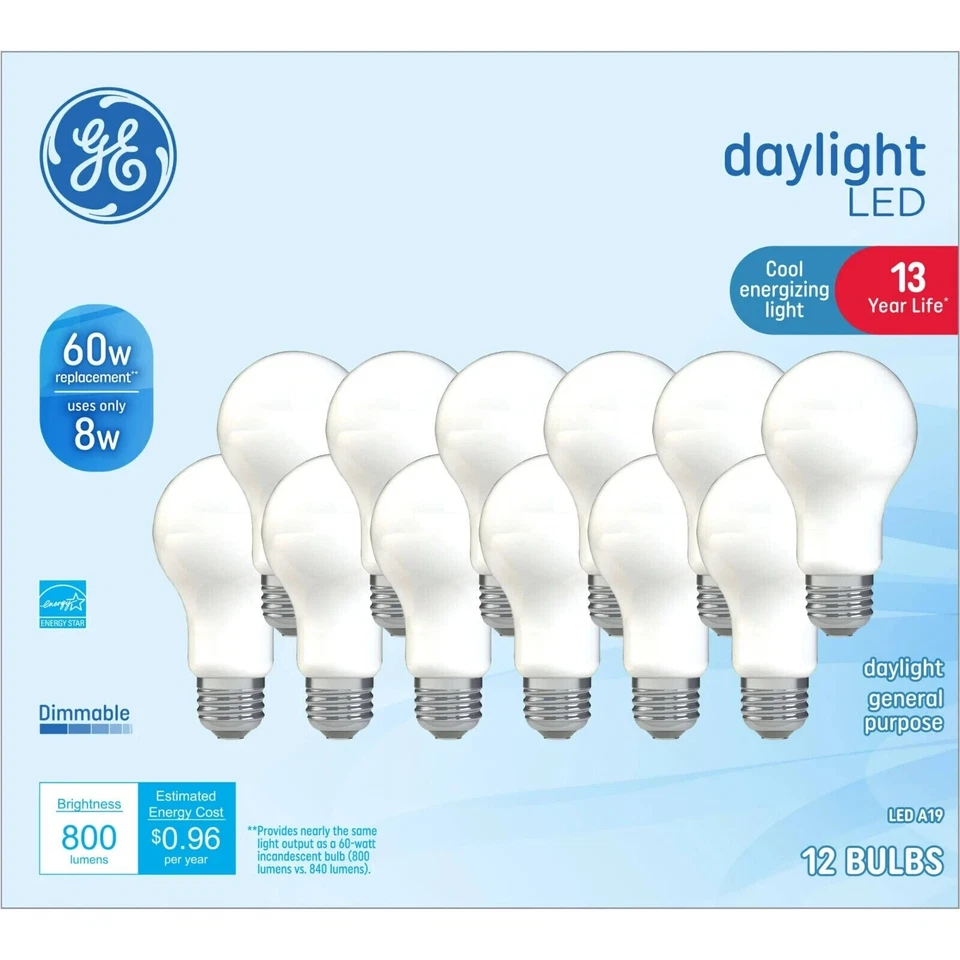 48 Bulbs - (4) 12-Packs GE LED Light Bulbs, 60 Watt, Daylight, A19, Dimmable Foto 1 de 1