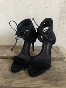 SCHUTZ Black Suede Heels Size 6.5 Open Toe Ankle Laced Sexy Stiletto - Picture 1 of 5