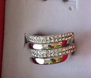White Gold Plated W/Swarovski Crystals Element Double Layer Wedding Band Ring - Picture 1 of 8