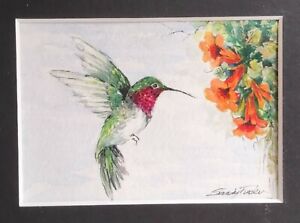 ORIGINAL ACEO “FAST FLIER” WATERCOLOR  HUMMINGBIRD FLOWERS BY SANDY TUCKER