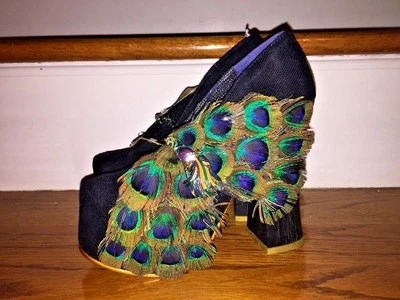 IRREGULAR CHOICE Brooch Gem PEACOCK Feather Womens Wedge High Heel Shoes SZ 5.5 - Image 1 of 4