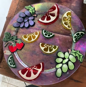 Sehr gute seltene Jan Mitchell verschmolzene Kunst Glas Servierplatte mit Obst und Zitrusfrüchten - 15" breit - Bild 1 von 9