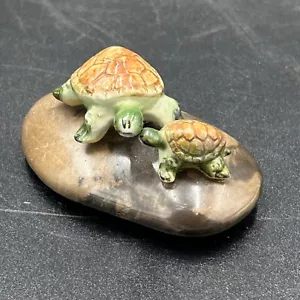 Vintage 2 Ceramic Turtles (Mom & Baby) on River Rock - Picture 1 of 7