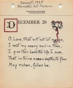 1926 Janet Robinson Calendar Page Dec 20 Hymn O Love That Wilt Not Let Me Go - Picture 1 of 3