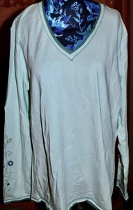 XL NWOT Eddie Bauer Light Aqua/Green Printed Sleeve Layered Look LS V-Neck Tee - Picture 1 of 7