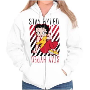 Betty Boop Retro Workout Cartoon Stay Hyped Womens Zip Hooded Sweatshirt Hoodie - Picture 1 of 7