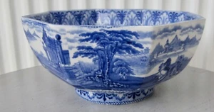 Antique Blue & White Fruit Bowl Octagon shape Cauldon Chariot Landscape - Picture 1 of 21
