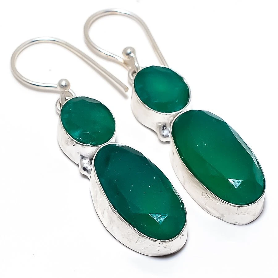 Emerald(Simulated) Gemstone Handmade 925 Silver Jewelry Earring 2.0" R-2318 - Image 1 of 1