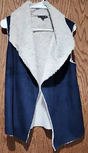 WOMENS MADISON & LOLA S/L SUEDE SHERPA OPEN VEST, NAVY BLUE, SIZE M MEDIUM - Picture 1 of 2
