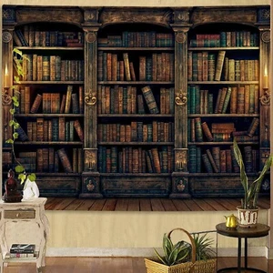 Retro Bücherregal Wandteppich Vintage Bücher Arbeitszimmer Bibliothek Wandteppiche für College - Bild 1 von 7