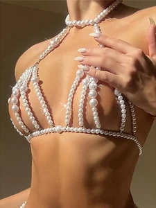 Luxury Pearls Halter Hollow Out Bikini Top See Through Swimwear Suit Women Gift - Picture 1 of 5