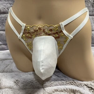 28-37 M White Floral Embroidered Thong Fem Boy Trans Women Men Pouch Panties - Picture 1 of 7