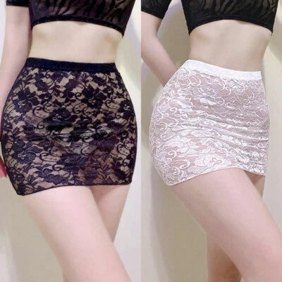 Lady Micro Mini Jupe Moulante Sexy Fête Discothèque Ultrashort Dentelle Voir / - Photo 1/4