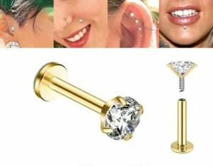 16G GOLD PRONG SET 2mm 3mm CZ GEM INTERNALLY THREAD LABRET LIP STUD TRAGUS RING - Picture 1 of 3