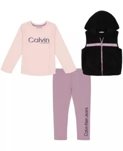 Calvin Klein BLACK/NIRVANA Girls' Hooded Sherpa Vest 3 Pc Set, US 3T NWOT - Picture 1 of 1