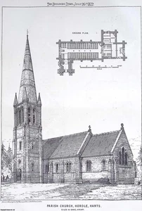 1872 : PARISH CHURCH, HORDLE, HANTS. MESSRS. GILES AND GANE, ARCHITECTS. AN ORIG - Picture 1 of 1