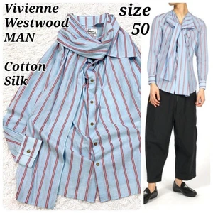 Camisa con pajarita a rayas finas Vivienne, azul y rojo, mezcla de seda, rara, nueva de Japón - Imagen 1 de 10