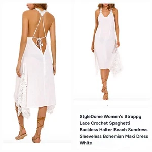 Style Dome Strappy Lace Crochet White Dress Backless Halter Women's Size L Beach - Picture 1 of 10