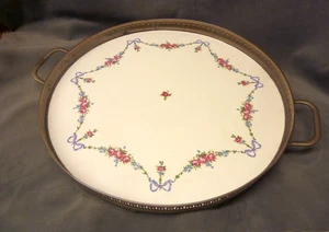 LOVELY ART NOUVEAU 1900S CHINA TEA TRAY LARGE NICKEL PLATED METAL FITTINGS ROSES - Picture 1 of 12