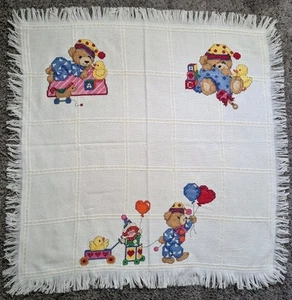 Vintage 80s 90s Cross Stitch Baby Crib Blanket Teddy Bear Theme Nursery Colorful - Picture 1 of 10