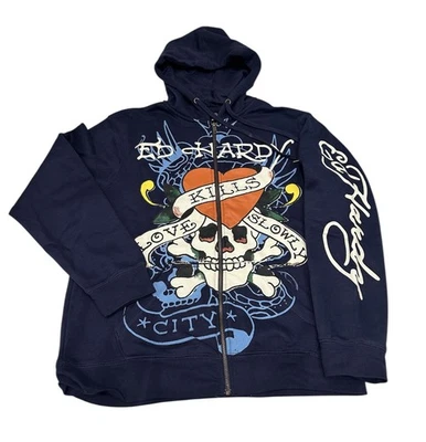 Sudadera con Capucha Cremallera Completa Ed Hardy Para Hombre Love Kills Slowly Talla XL Color Arándano Foto 1 de 4