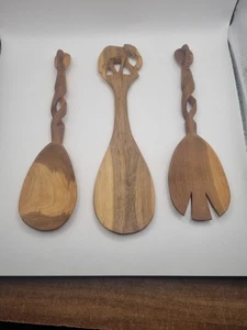 3er Set Handgeschnitzt Holz Holz Afrikanischer Elefant Gabel Löffel SALAT - Bild 1 von 7
